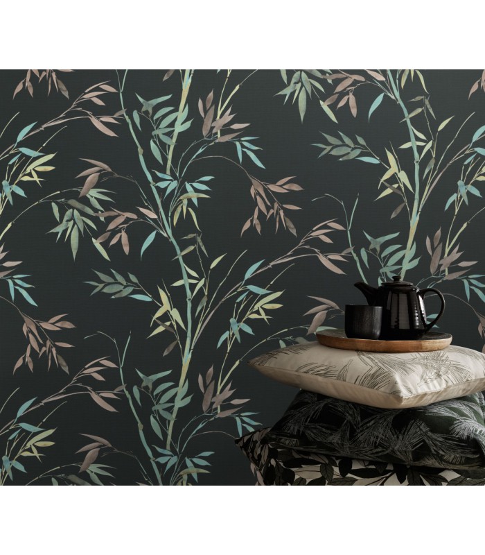 Papier peint Erismann, Collection Martinique - Intissé grainé, Décor : BAMBOU FOND NOIR