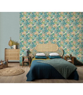 Papier peint Erismann, Collection Martinique - Intissé grainé, Décor : EXOTIC BLEU TURQUOISE