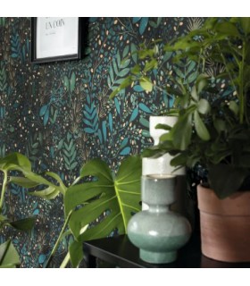 Papier peint Joy Vert Bleu et Or sur Fond Noir - Collection Green Life 2 - CASELIO - Réf.  GNL2101697692