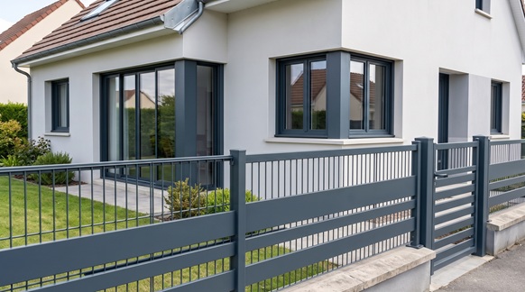 Clôture barvaudée gris anthracite et portillon assorti devant une maison moderne aux menuiseries aluminium.
