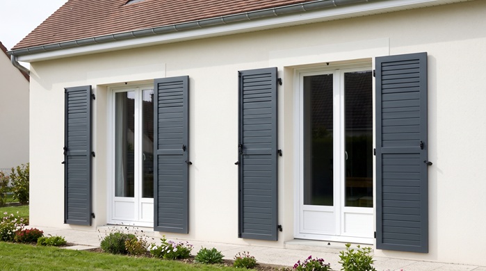 Volets aluminium gris anthracite sur une façade claire
