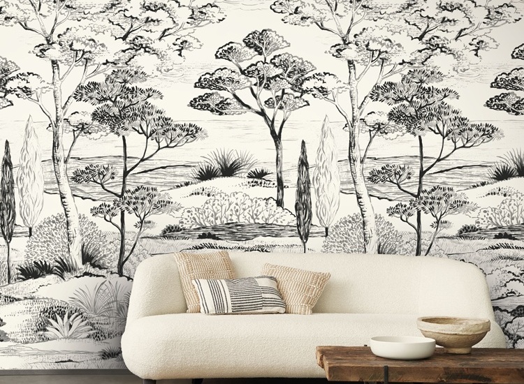 Motifs de papier peint noir et blanc : géométrique, rayé et végétal