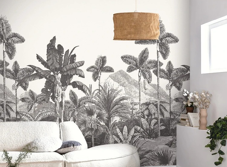 Papier peint noir et blanc dans un salon Delzongle